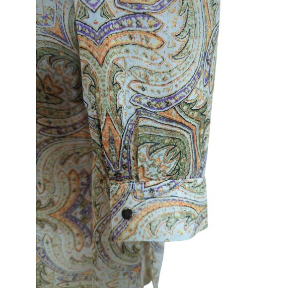 Chico's Paisley long tab sleeve asymmetrical orange‎ green cream tunic sz 1 sz 8 - Picture 7 of 16
